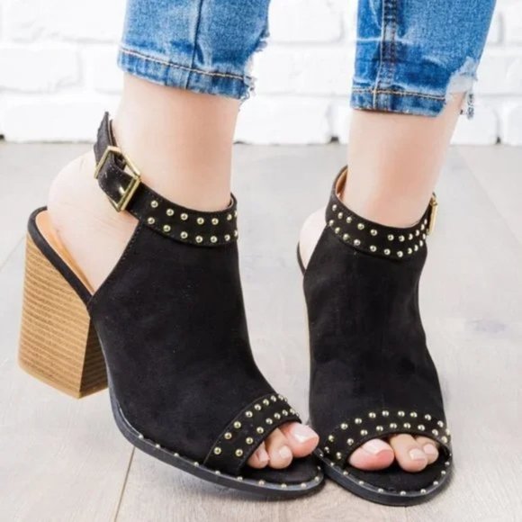 Gold Studded Black Slingback Peep Toe Block Heels - Picture 4 of 9